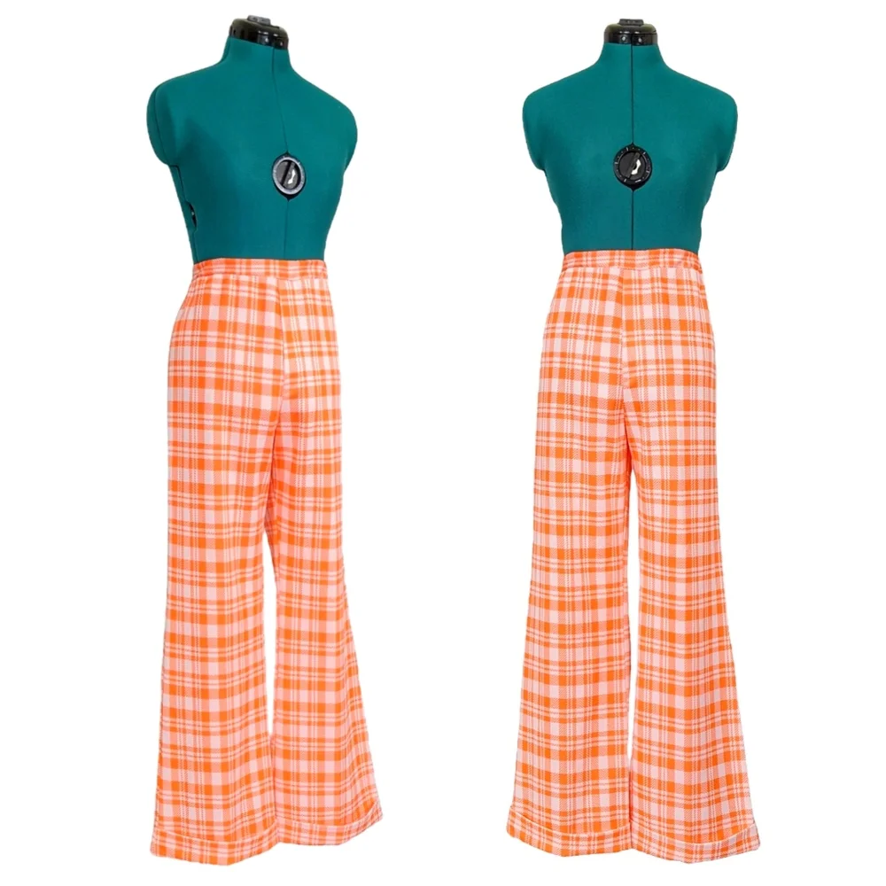 1970s High Waisted Vintage BellBottoms Flares Pants Orange Plaid Medium Trousers - Picture 1 of 6